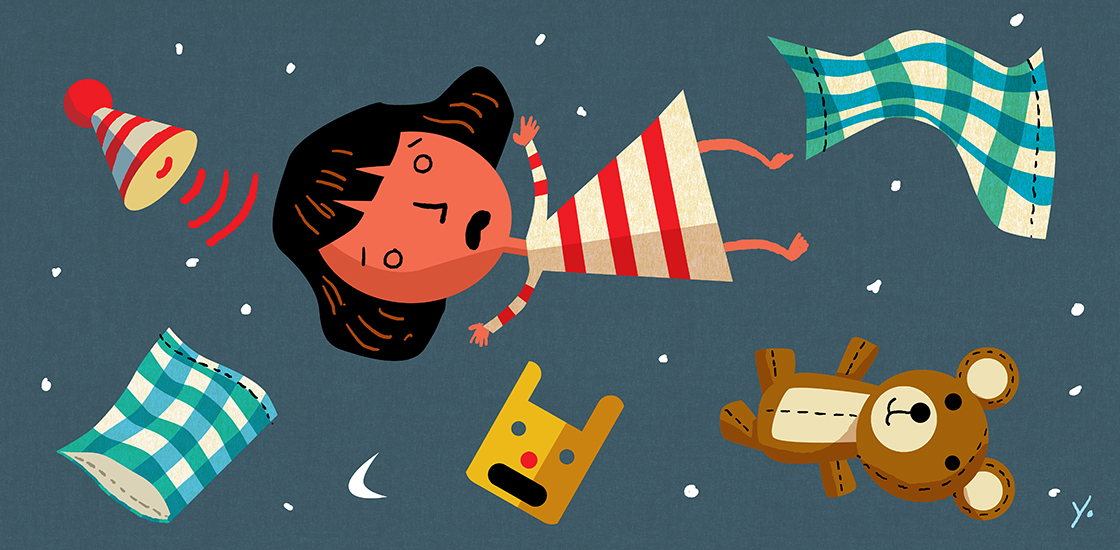 girl falling through the sky with bed, hat, pillow and teddy bear