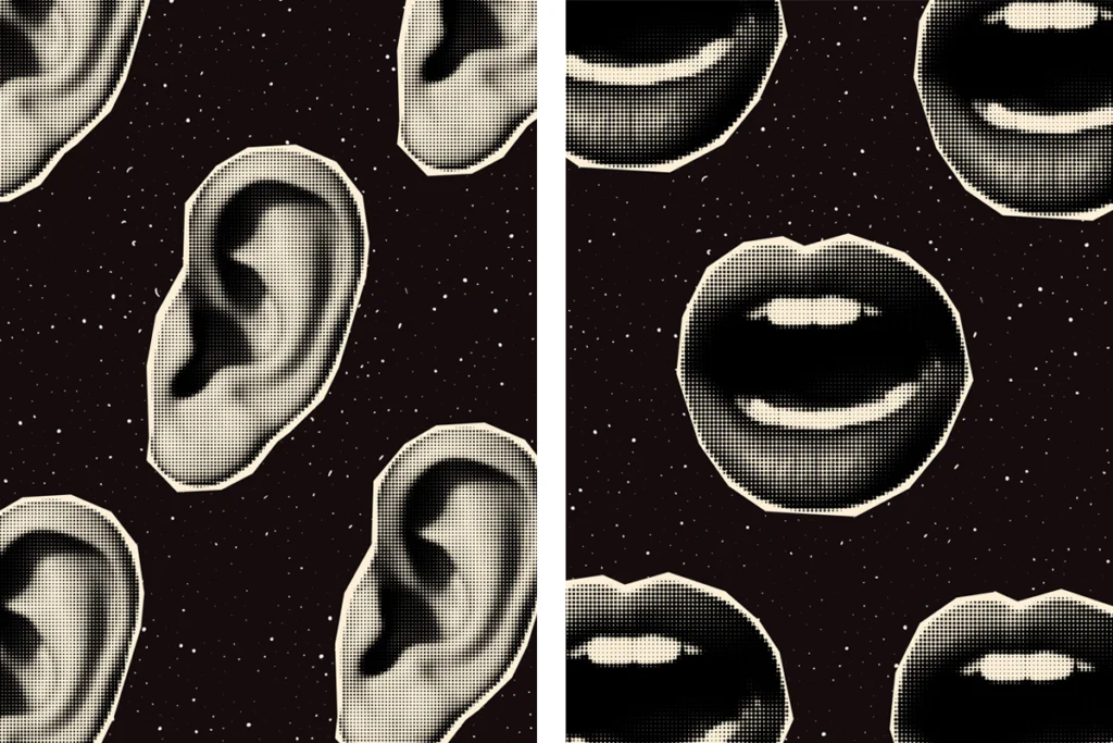 Black-and-white collage of mouths and noses.