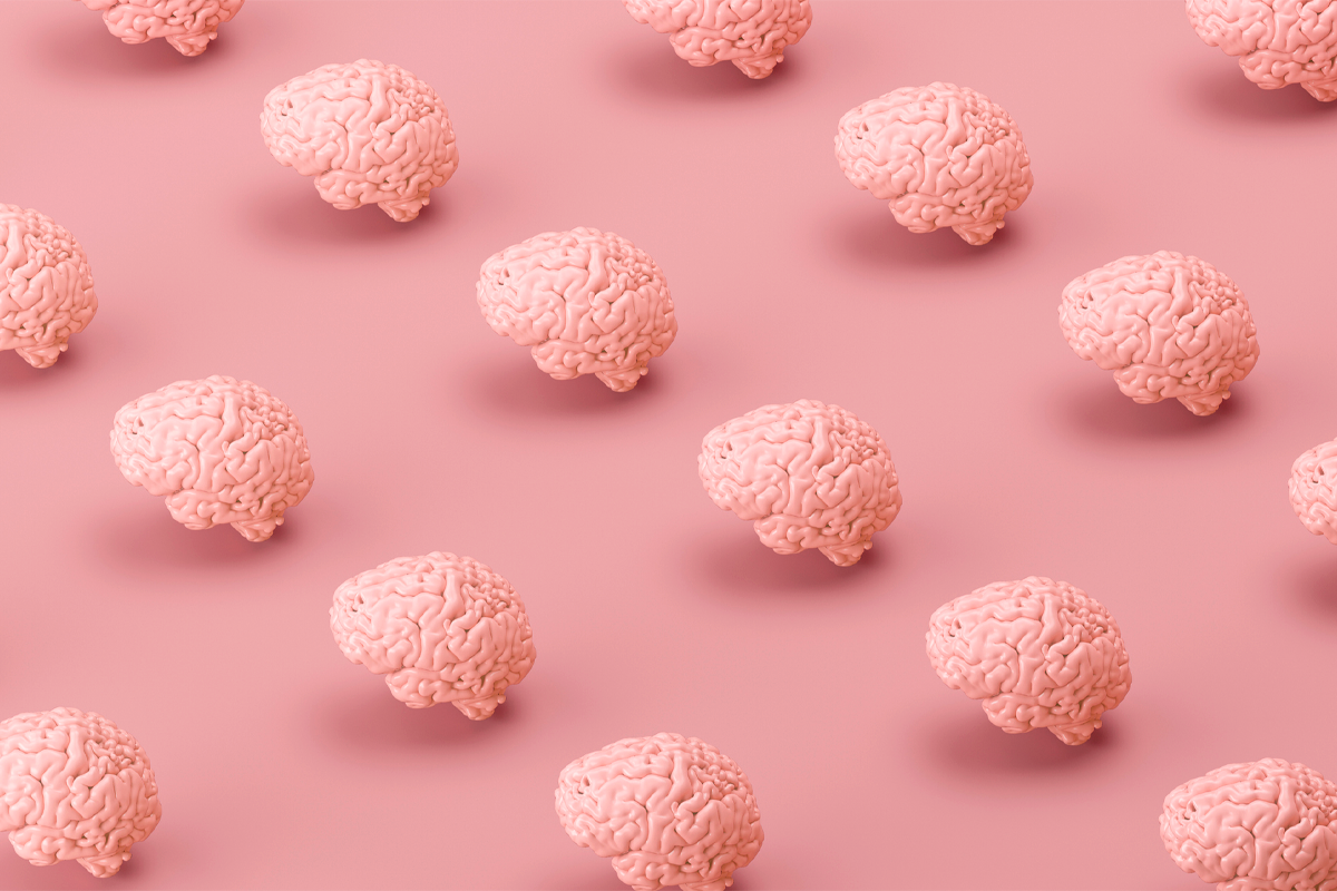 Grid of human brains on a pink background.