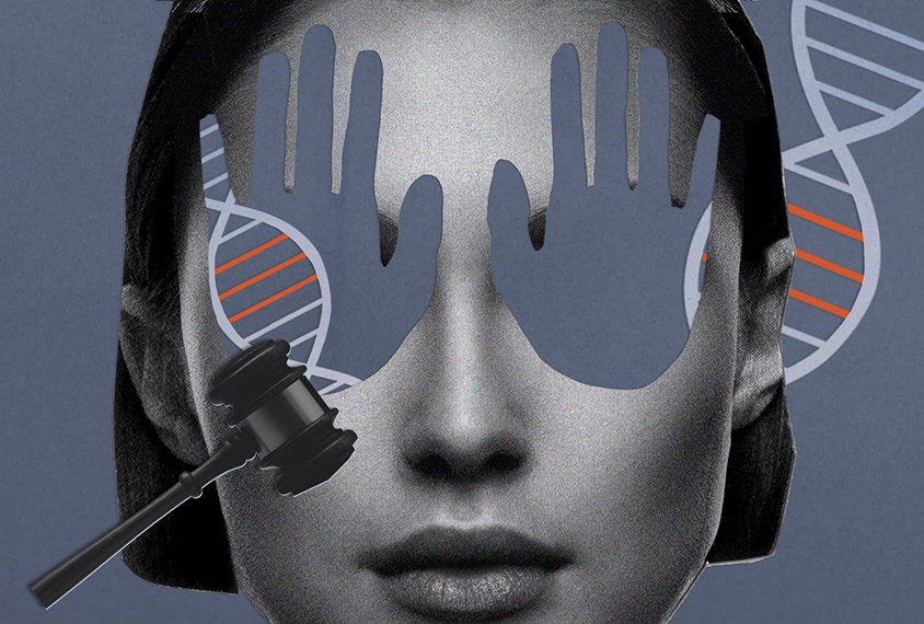 Woman's face with the eyes covered by hand shapes, with a DNA helix in the background, and a judge's gavel.
