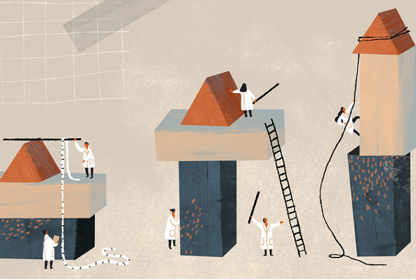 Drawing shows scientists measuring three identical sets of objects, each arranged in a different way.