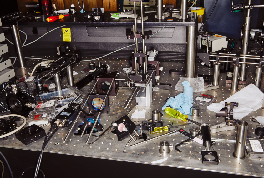 Gadgets on metal surface in the Sabatini lab, Harvard.