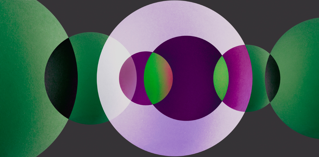 overlapping semi transparent circles of green, purple and violet.