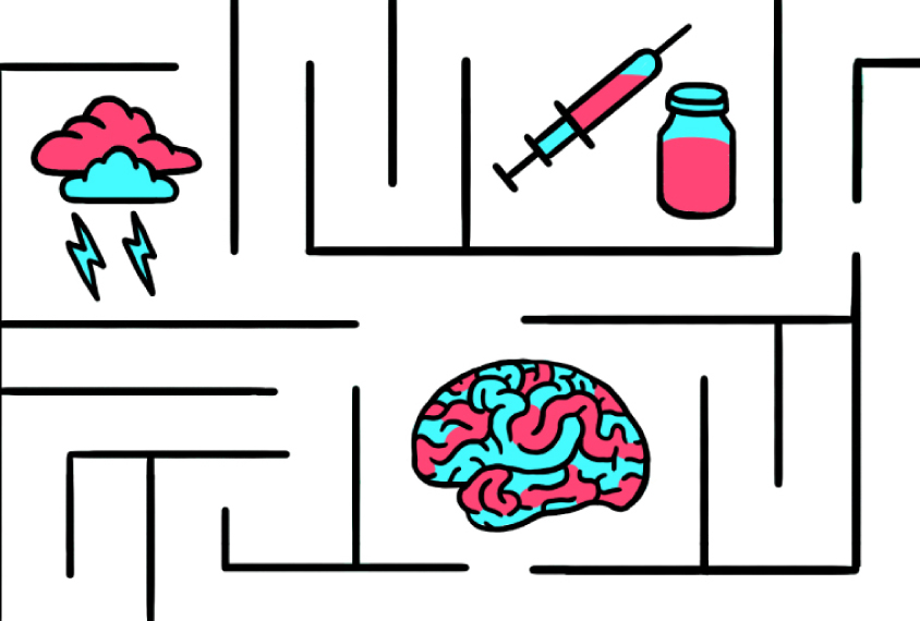 Illustration shows a maze of elements: human brain, medicine, chromosome, factory, clouds and lightning bolts