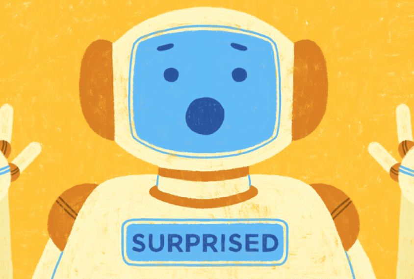 Drawing shows robot making a surprised face to mimic human emotion.