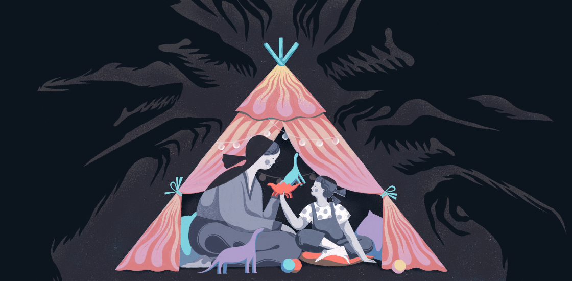 Mother and child safe inside a tent, with shadowy monsters outside the tent.