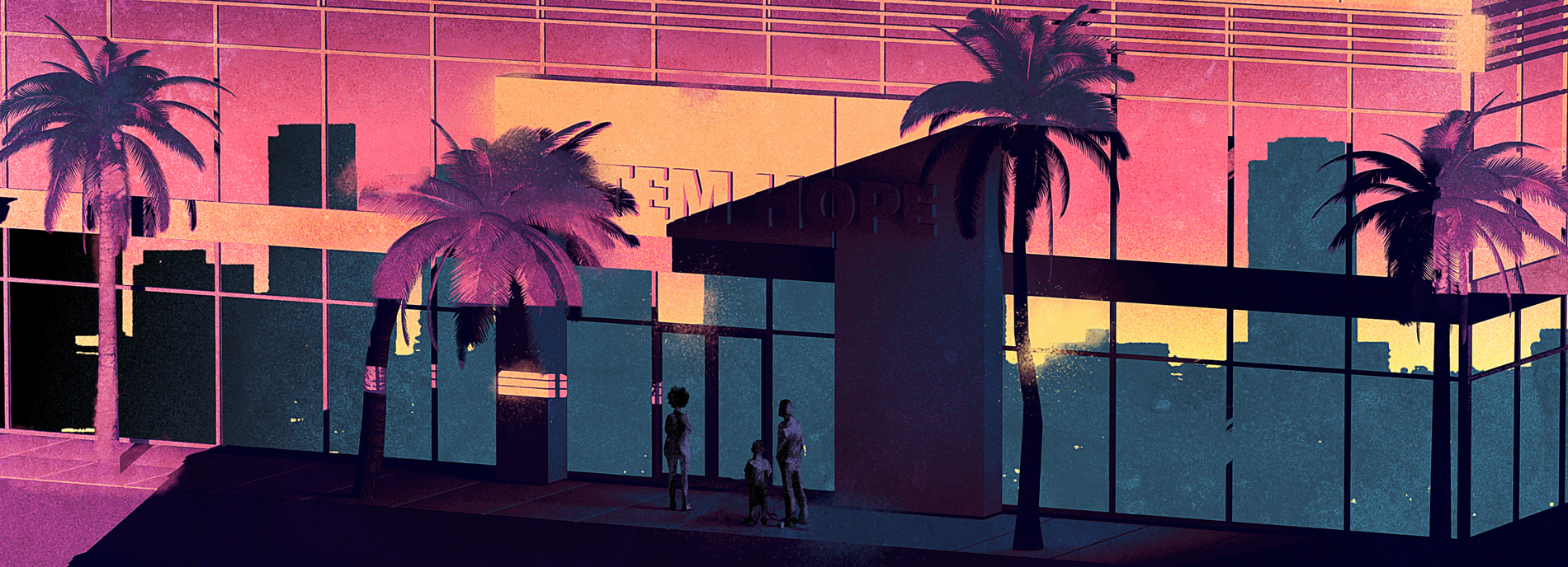 Parents stand around a closed stem cell research lab in a downtown evocative of Los Angeles or Miami. It is implied that the lab is closed, suggesting duplicity and betrayal.