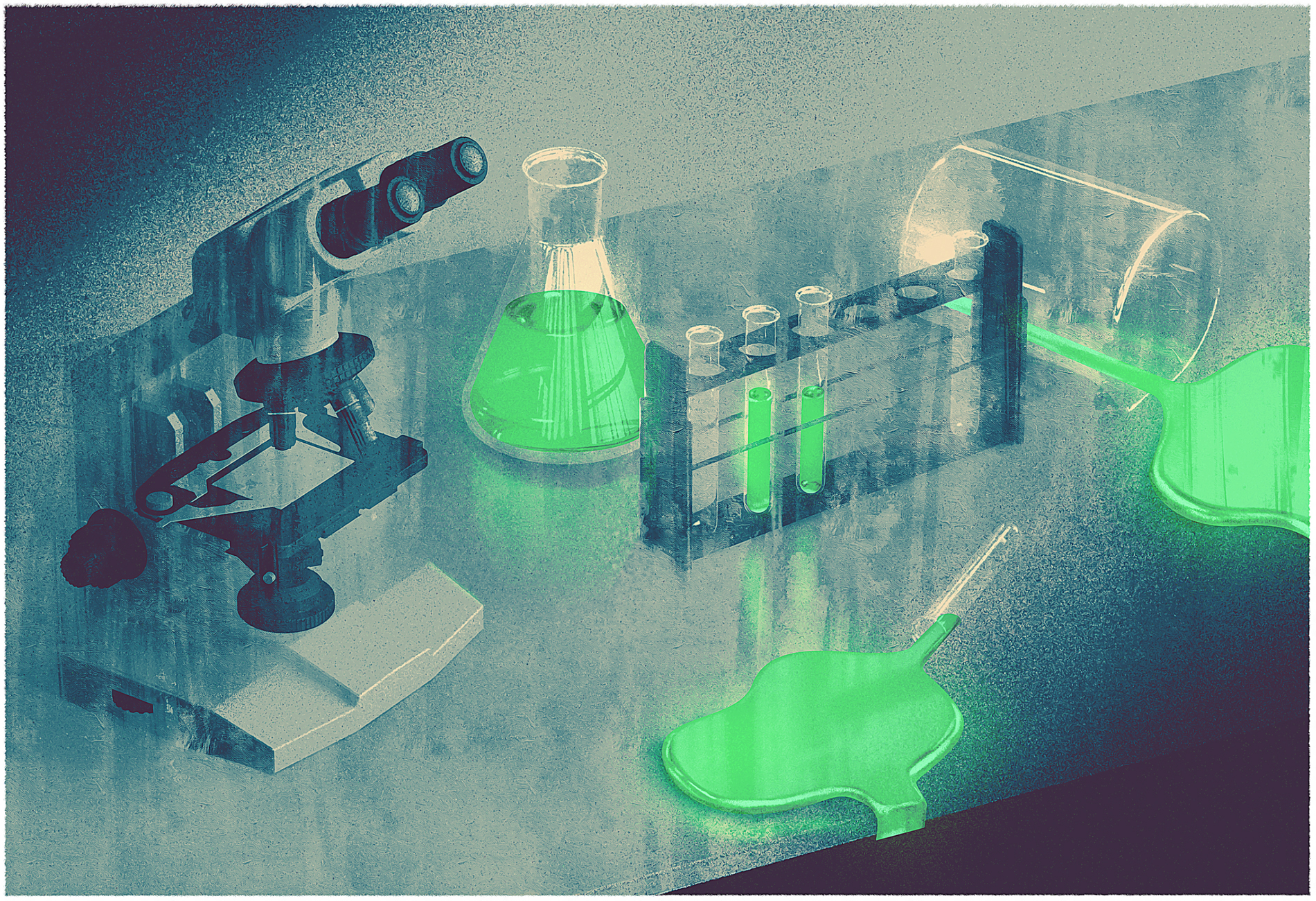 Lab scene with glowing liquid in vials