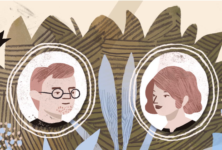 Man and woman portraits on a 'family tree'