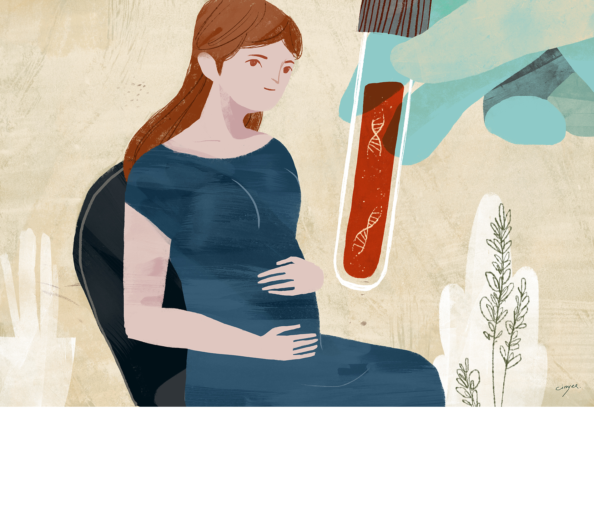 Illustration shows a pregnant woman next to an artistically large hand holding a vial with a blood sample inside.