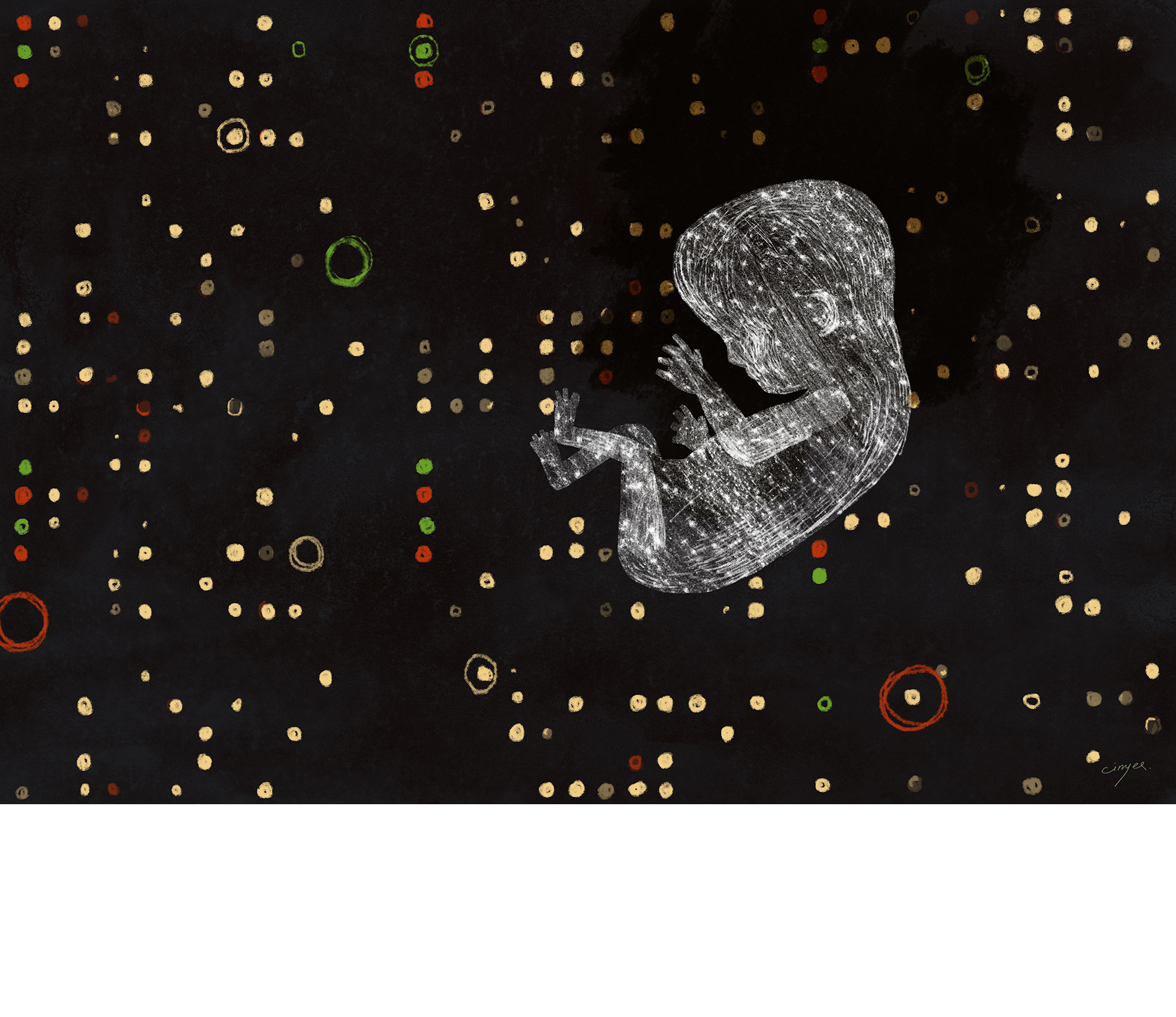 Illustration shows a developing baby against a backdrop of artistically rendered genome sequencing.