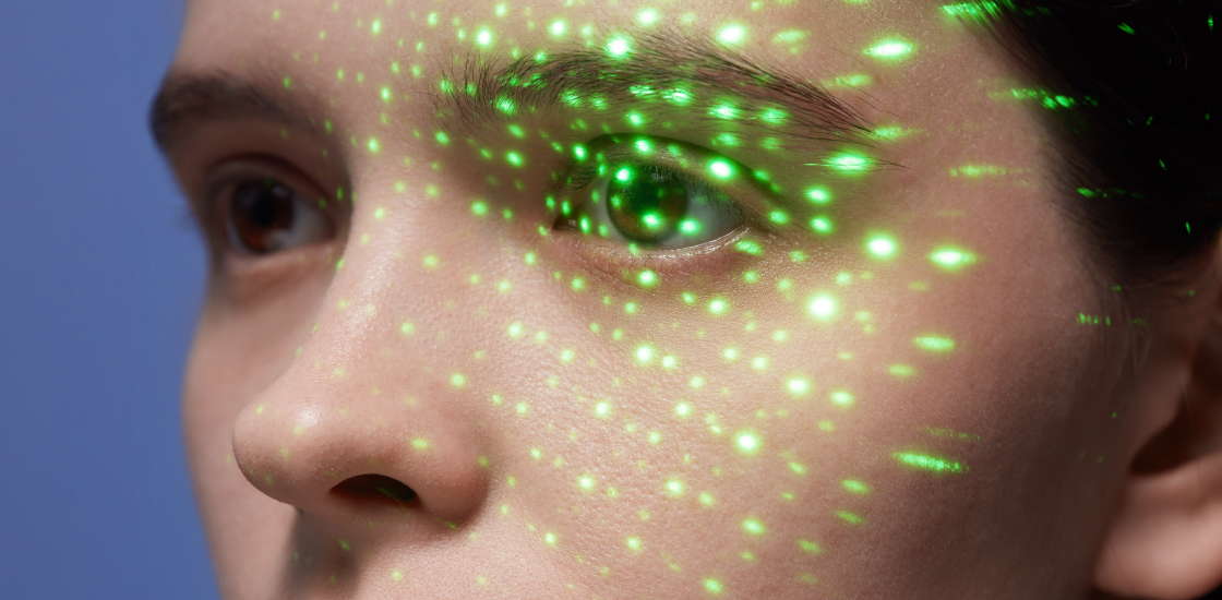 A woman's eye is scattered with light, tracking eye movement