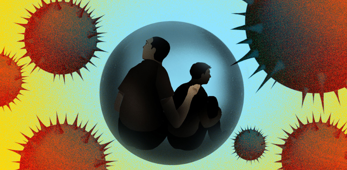 Caregiver and person with autism are inside a delicate protected sphere, while the COVID19 virus looms all around them.