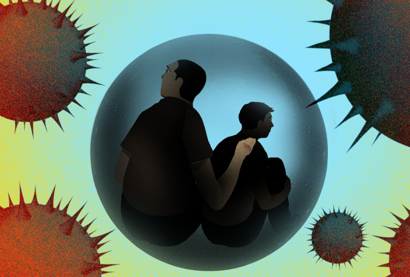 Caregiver and person with autism are inside a delicate protected sphere, while the COVID19 virus looms all around them.