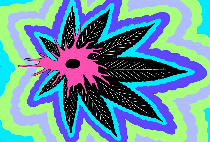 Illustration of a neuron on top of a marijuana leaf surrounded by psychadelic colors.