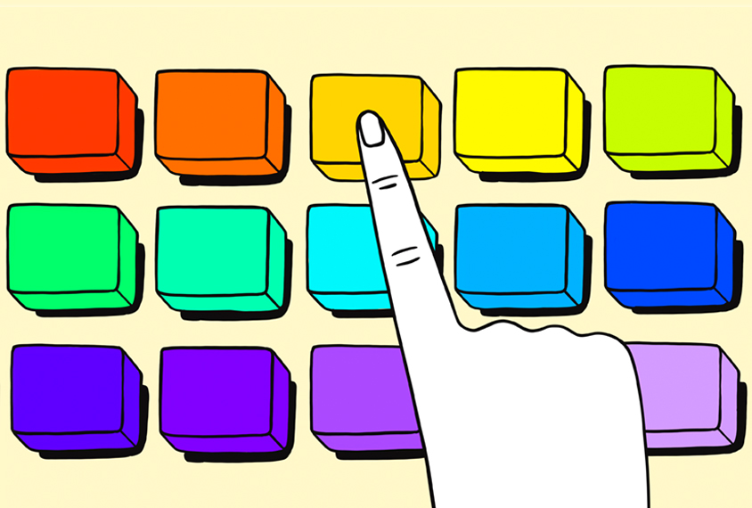 Illustration of hand pressing one orange button on a keyboard with keys of various colors.