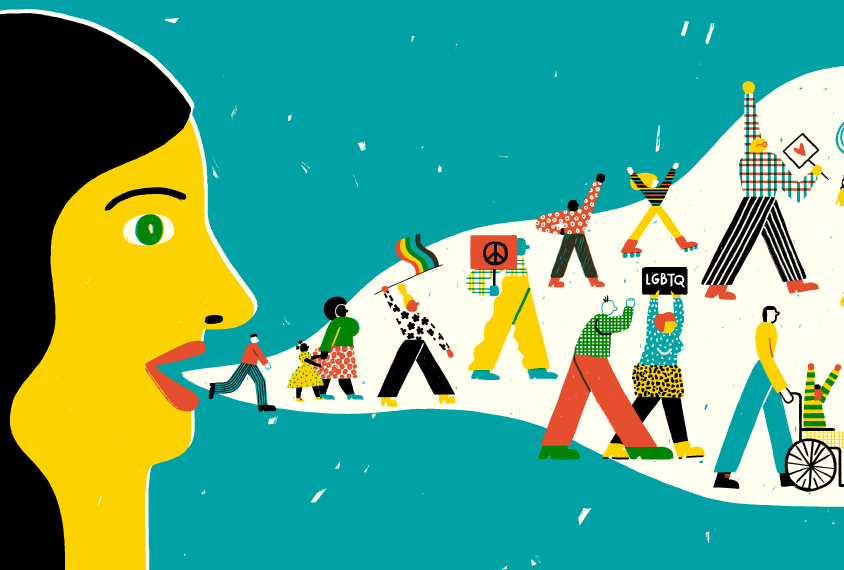 Illustration shows woman in profile with her voice forming a large diverse group of people including those with disabilities.