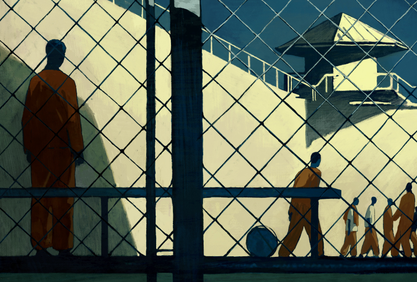 illustration shows isolated figure alone in the prison yard, watching other inmates exercise and socialize.