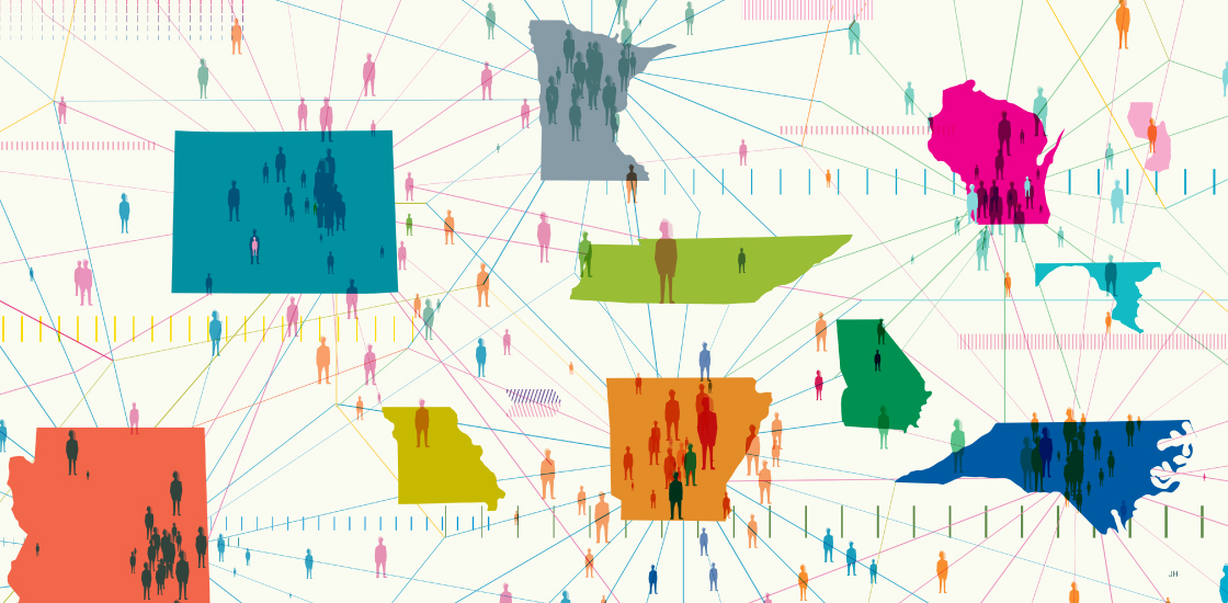 Illustration shows certain states with multiple connections to people and other states.