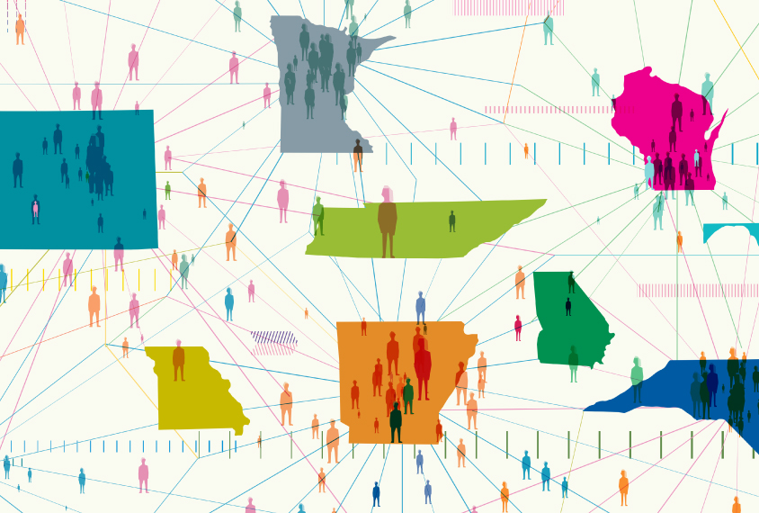 Illustration shows certain states with multiple connections to people and other states