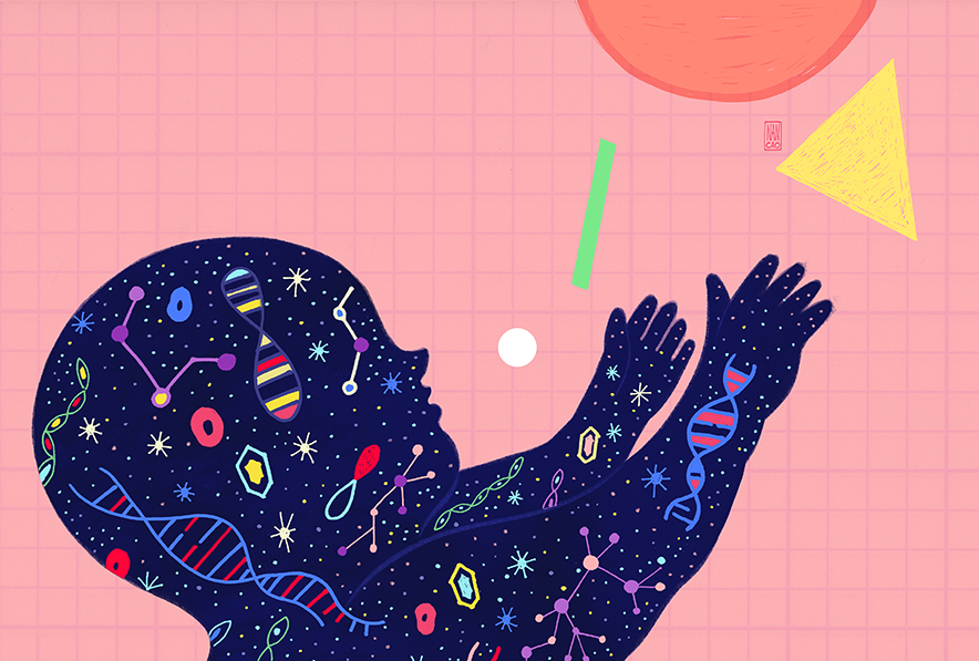 Illustration shows baby silhouette with a universe of genetic information floating inside.