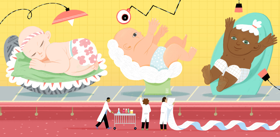 Colorful, playful illustrated scene of newborns on a conveyor belt moving past researchers holding a long, long list.
