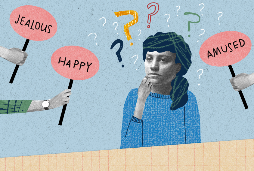 Illustration shows a woman thinking as she is surrounded by signs with feelings on them and question marks.