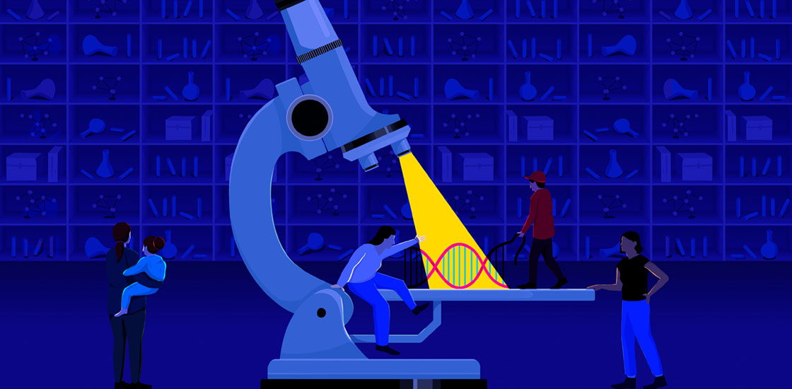 Illustration of large microscope with spotlight on DNA strand representing focus on basic research leaving families in the twilight waiting room.