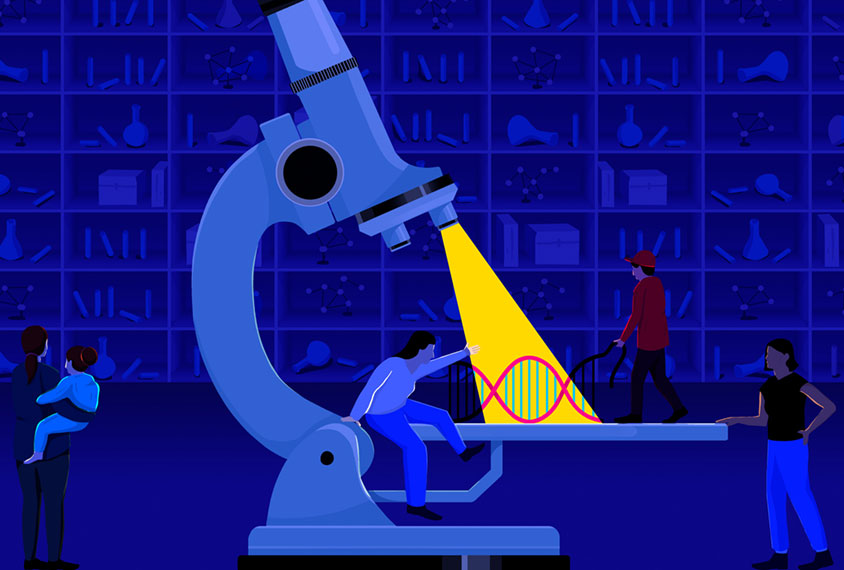 Illustration of large microscope with spotlight on DNA strand representing focus on basic research leaving families in the twilight waiting room.