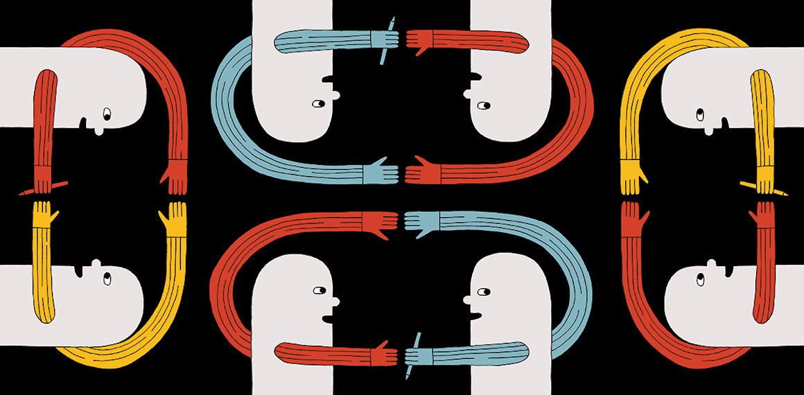 Four pairs of figures reach toward each other with both arms, creating four closed ovals.