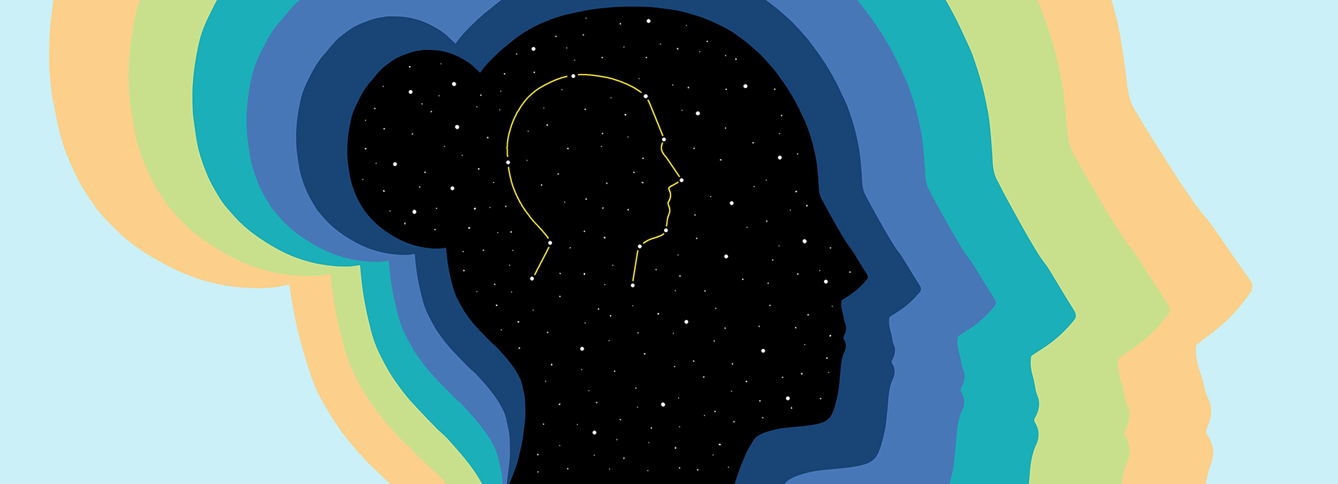 Human head in profile has color auras, and a core made of stars, with a star outline making the shape of another person's head.