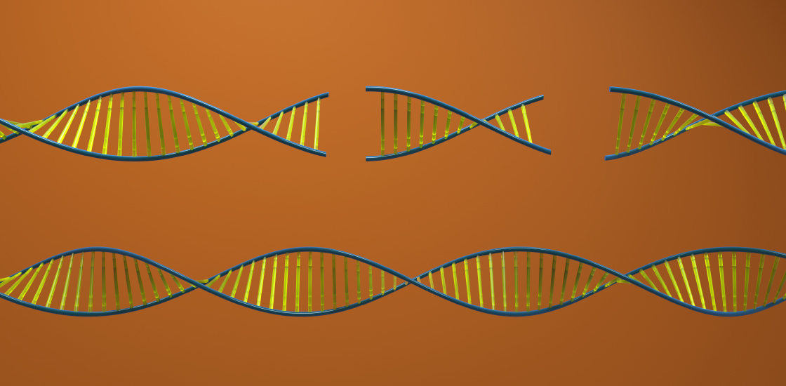 Concept illustration of DNA deletion: 2 DNA strands extend horizontally across a burnt orange background. The bottom is intact, while there are gaps in the top strand.