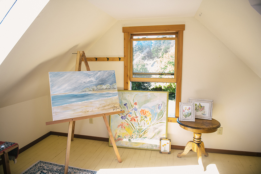 Detail of Judy Van de Water’s paintings in her future home studio in Fort Bragg, CA.