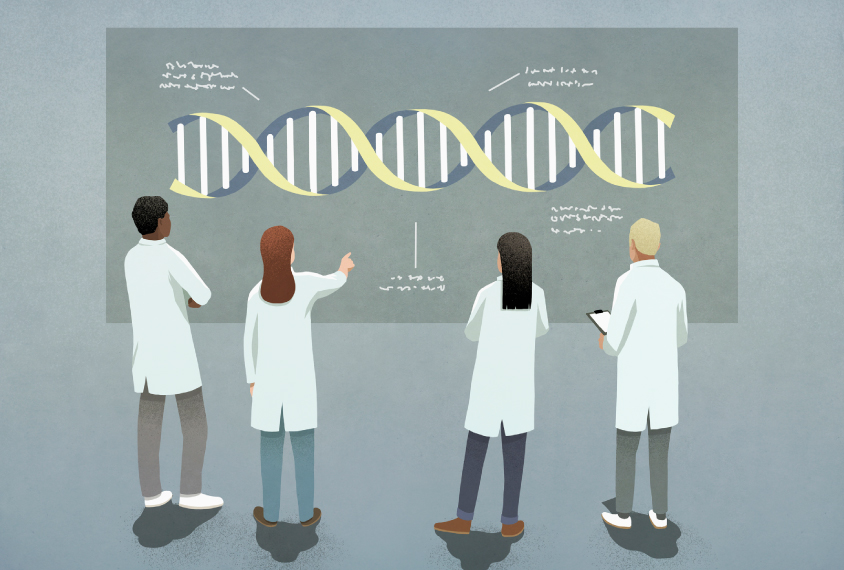 An illustration of scientists looking at a strand of DNA.