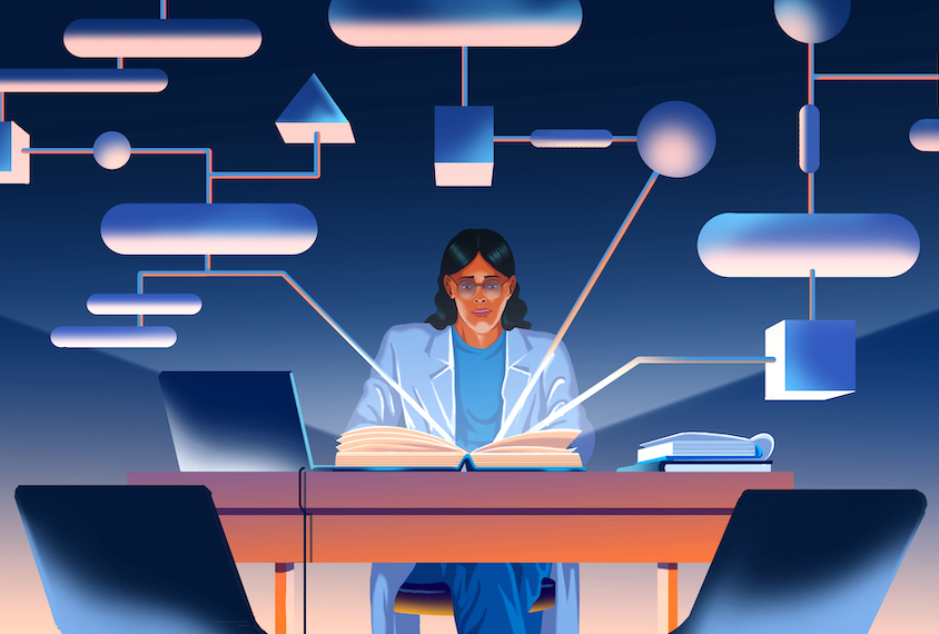 An illustration of a scientist sitting at a desk with abstract shapes representing ideas floating above her.