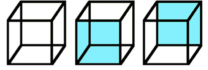 Three cubes—the first has six white faces, the second has the face nearest to the viewer highlighted in blue, and the third has the face farthest from the viewer highlighted in blue.