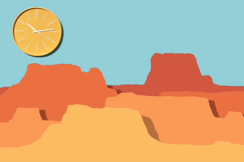 Illustration of a canyon landscape with an orange clock face in place of a sun.