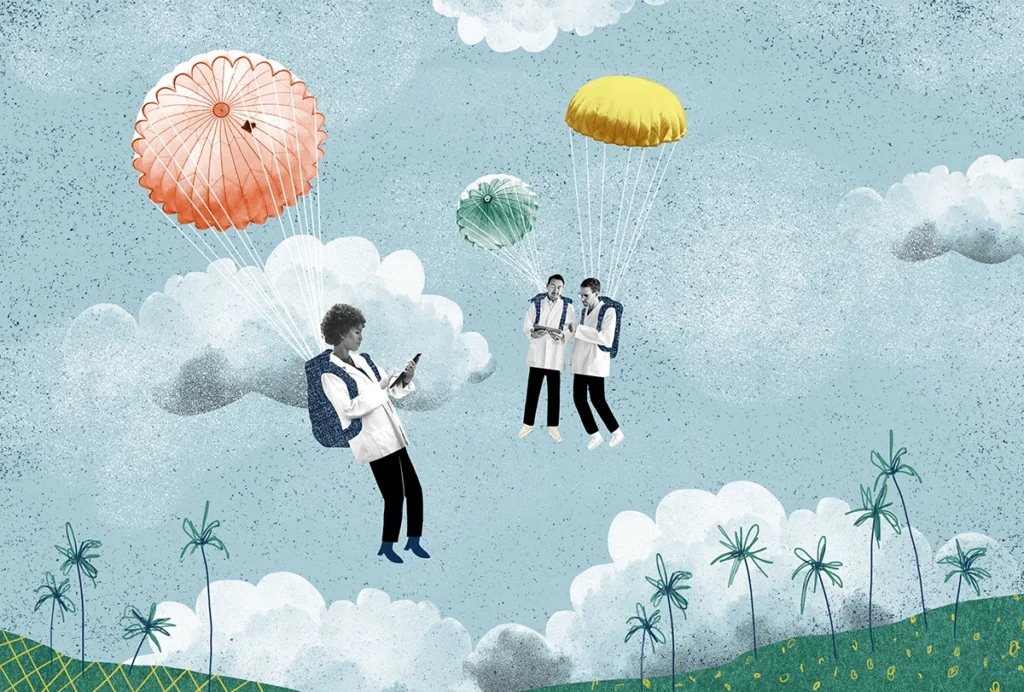 an illustration of scientists parachuting