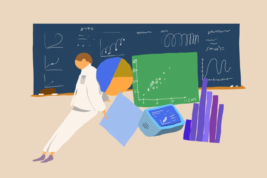 Illustration of a scientist attempting to wrangle many forms of data at once: a pile of charts and graphs threatens to knock them off of their feet as they attempt to prop it up.