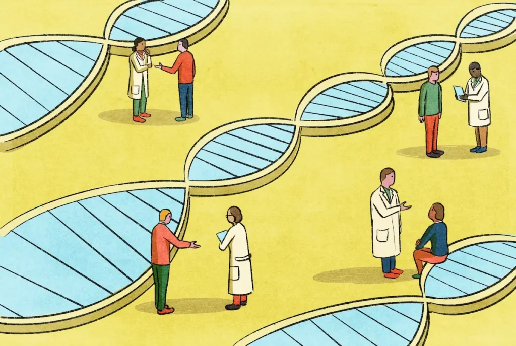 Illustration of researchers talking to laypeople amidst strands of DNA.