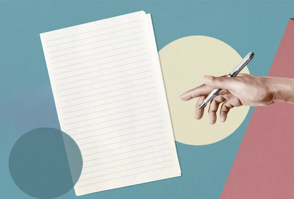 Illustration of a hand holding a pen reaching towards a blank sheet of paper.