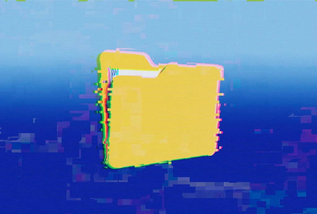 A digitally distorted image of a file folder against a blue gradient background.