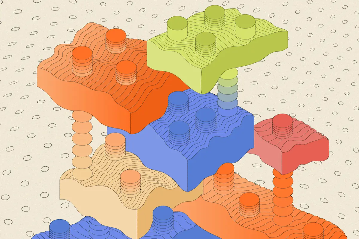 Illustration of three-dimensional blocks with wavy edges assembled together like lego bricks.