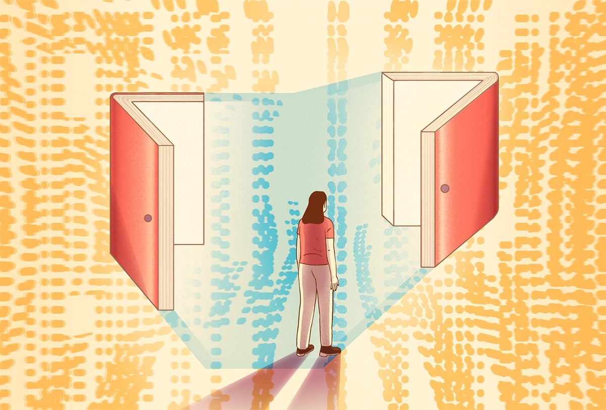 A woman stands in front of two books that are open to reveal that they contain doorways from which blue light emanates.