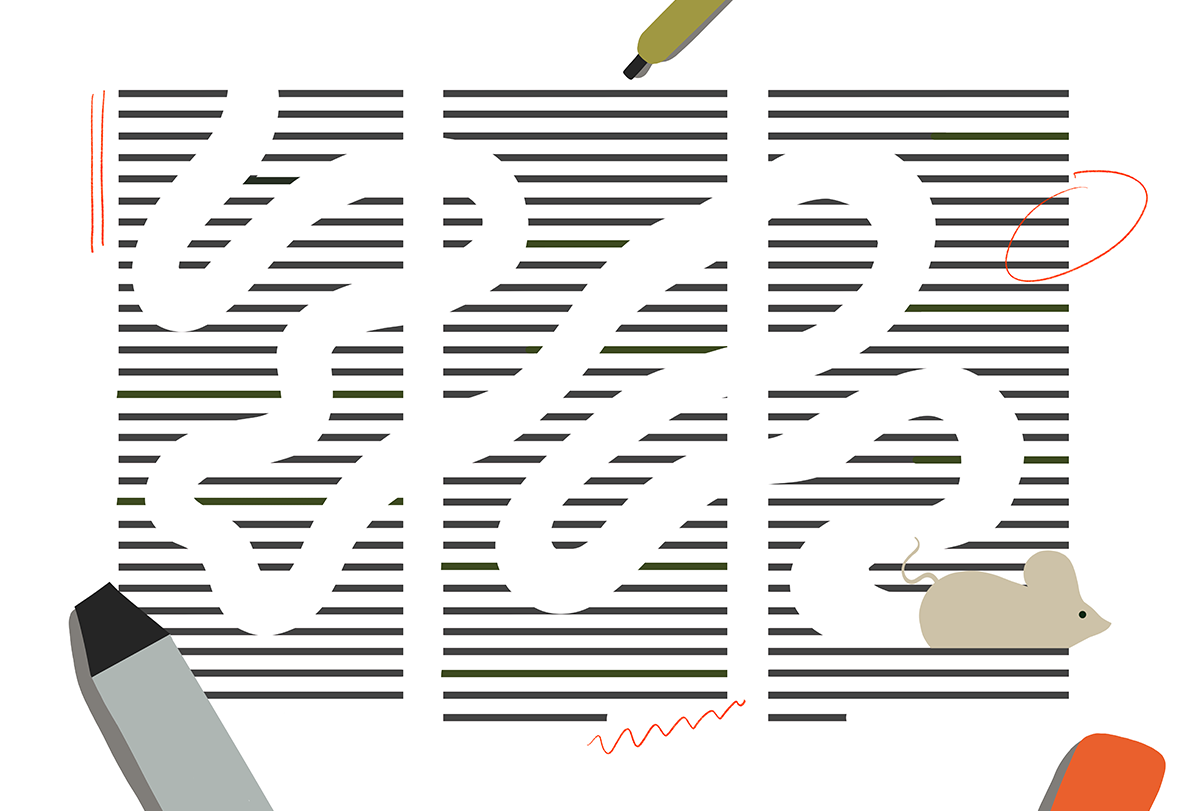 Illustration of three columns of text with a winding path of blank white space where an eraser has been used.