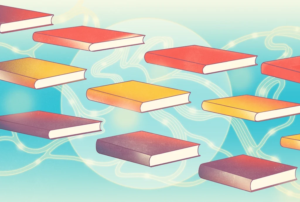 Illustration of a group of books floating against a light blue and yellow background.