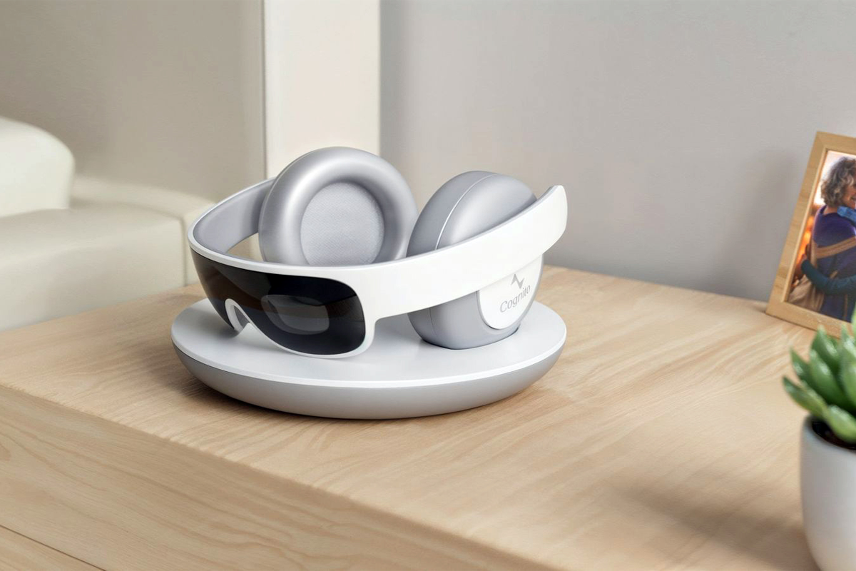 Image of a white headset that includes earphones and glasses.