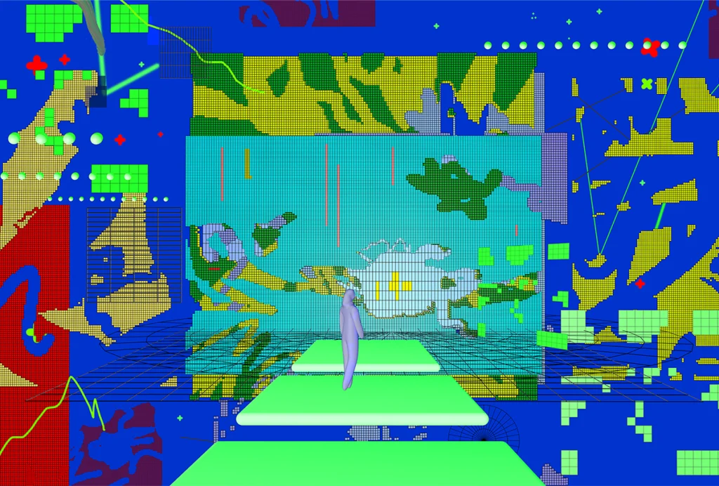 Illustration of a single digitally rendered figure wandering a fragmented and distorted virtual environment.