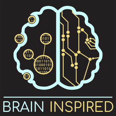 Logo for the "Brain Inspired" podcast: a blue outline of a brain with circuitry in one hemisphere and binary code in the other.