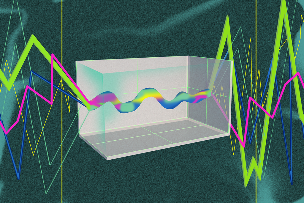 Illustration of distorted lines of different colors being pulled into a box where they are smoothed in a single multicolored line.